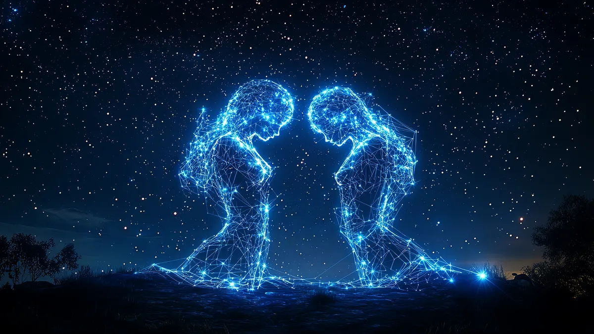 sibling rivalry: two intertwined zodiac constellations night sky illustration